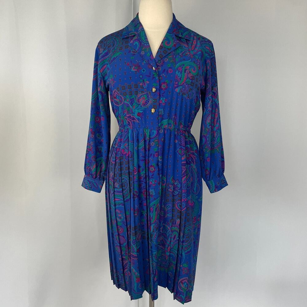 Vintage Shirt Dress Size 16 Petite Blue Paisley Pleated Office Secretary 80s 90s